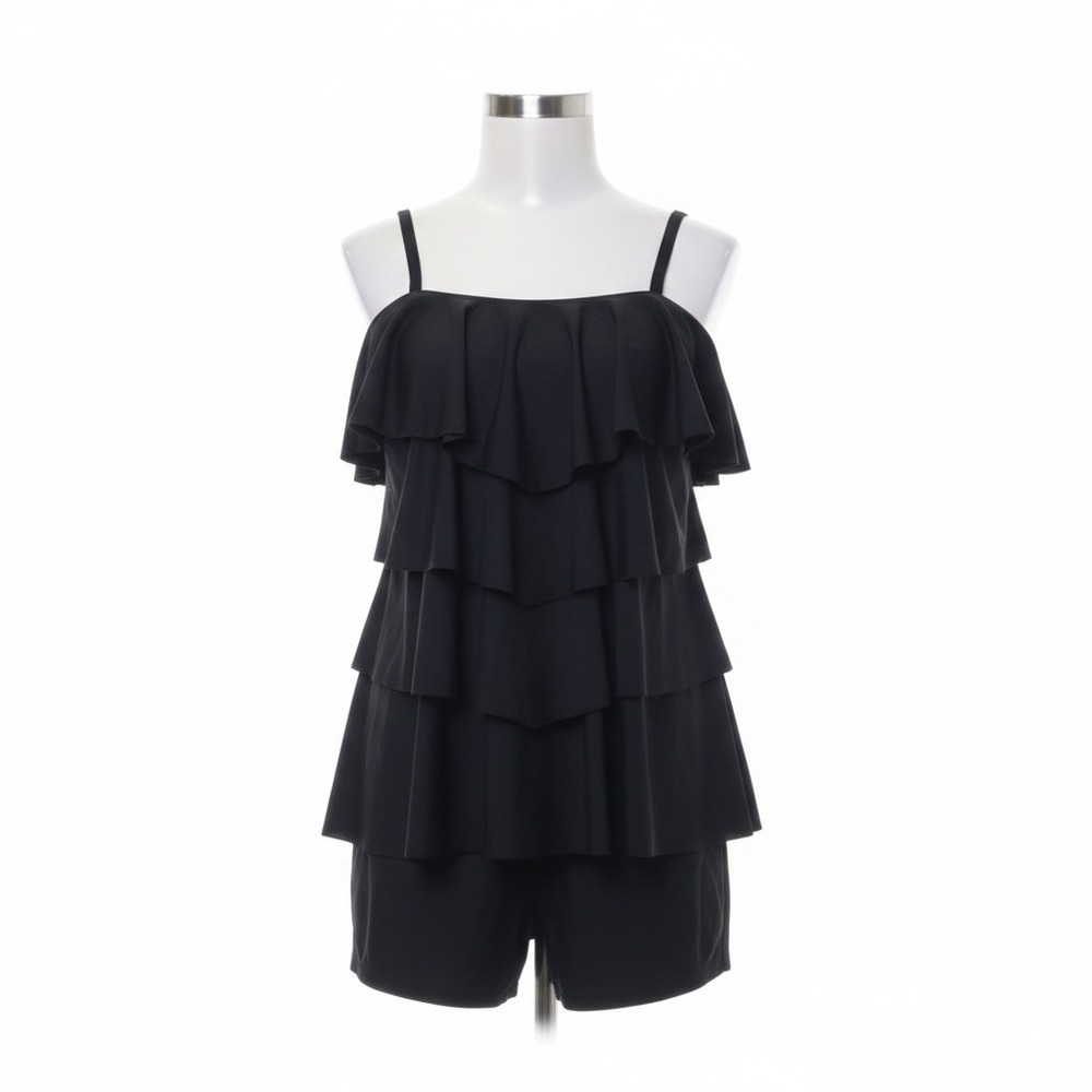 Fit 4 U Swimsuit 10 Black Tiered Ruffle‎ Shorts Modest Swimdress Neutral Minimal